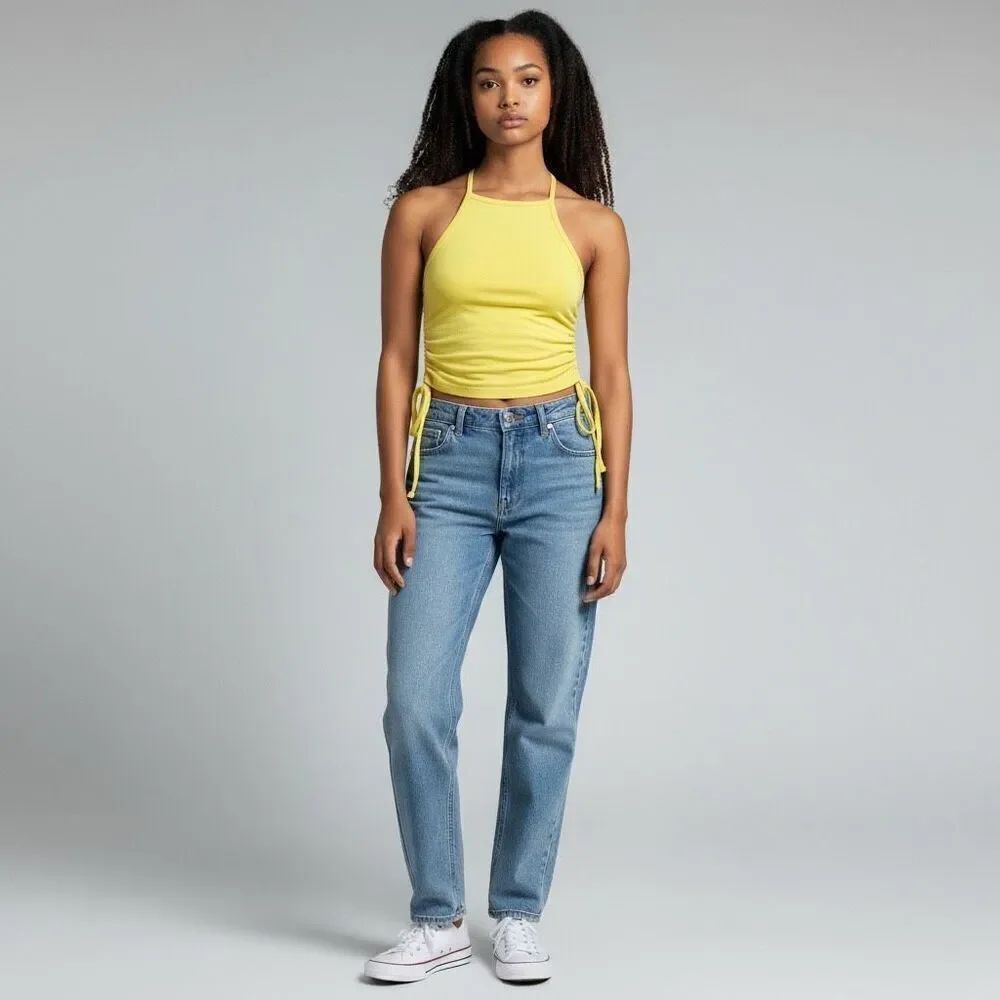 YMI Solid Yellow Sleeveless High Neck Crop Top Adjustable Length Drawstring M